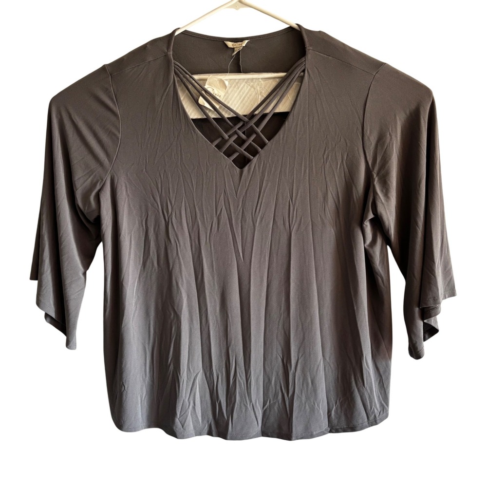 Est 1946 Womens Top Plus Size 22/24W Gray Lattice Neck 3/4 Sleeve Blouse NWT